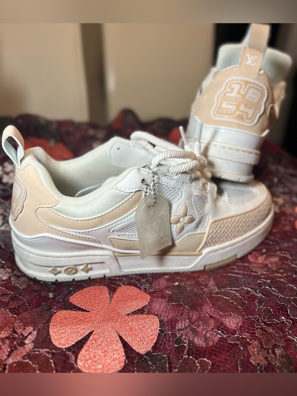 Louis Vuitton Men’s/Unisex White & Beige Sneakers with Logo Tag